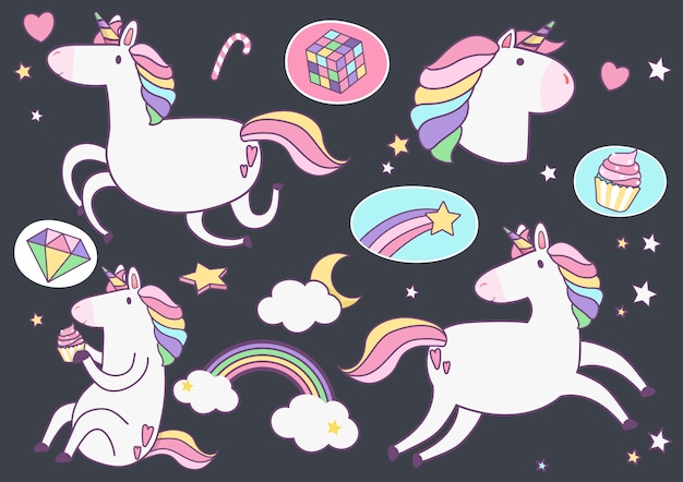Lindos unicornios con el elemento mágico pegatinas vector