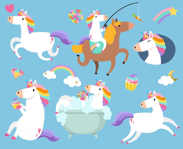 Lindos unicornios con el elemento mágico pegatinas vector