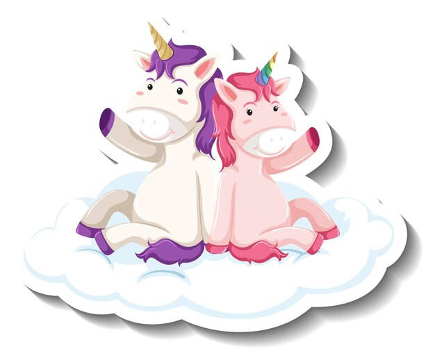 Lindos unicornios sentados en la nube de dibujos animados pegatina