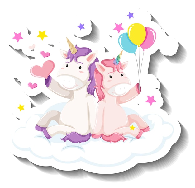 Lindos unicornios sentados en la nube de dibujos animados pegatina
