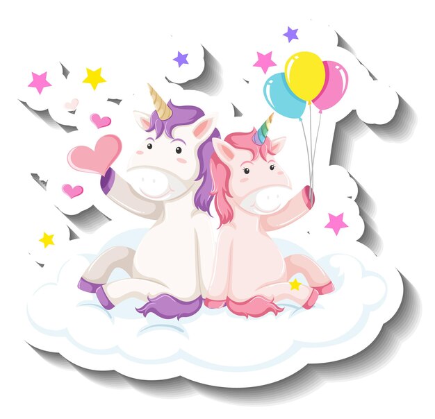 Lindos unicornios sentados en la nube de dibujos animados pegatina