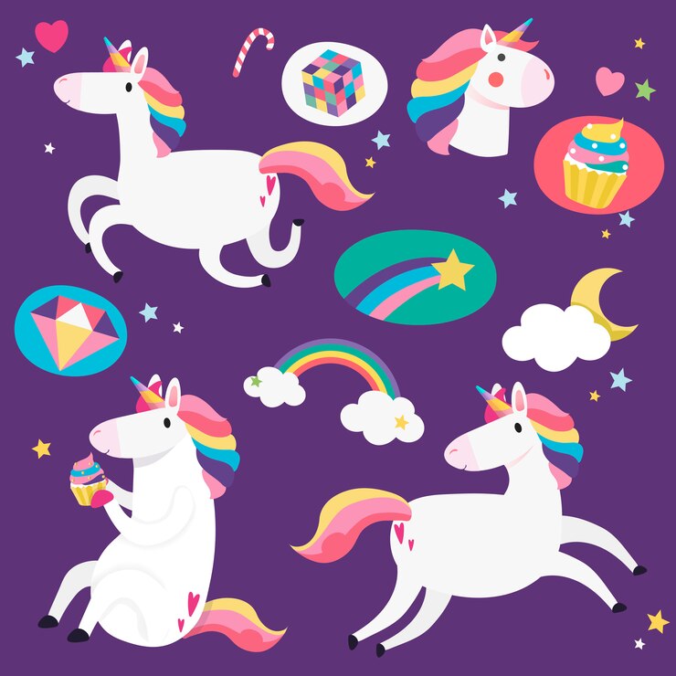 Vector gratuito lindos unicornios con vector de elementos mágicos