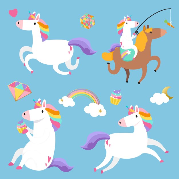 Lindos unicornios con vector de elementos mágicos