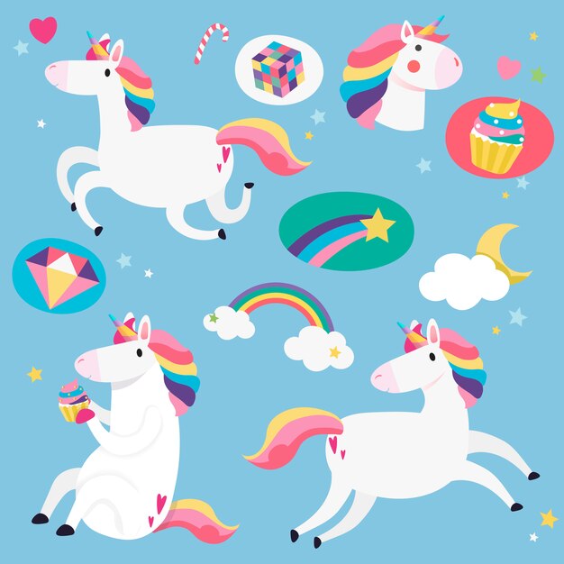 Lindos unicornios con vector de elementos mágicos