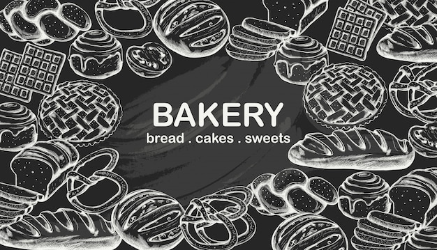 Line art set de productos de panadería que incluye varios tipos de pan y pasteles
