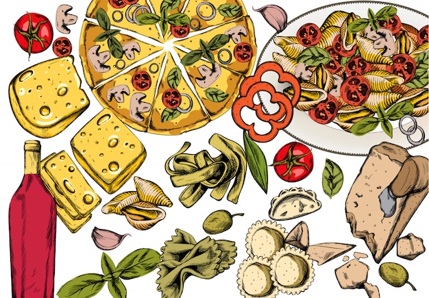 Línea arte composición de comida italiana con deliciosa pizza, pasta con tomate, queso y vino tinto.
