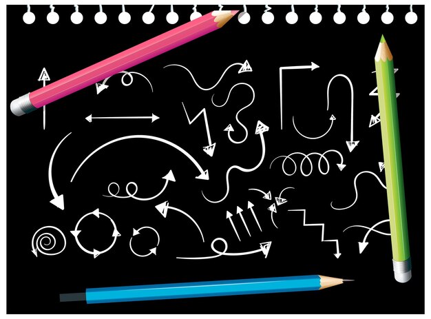 Línea de boceto garabatos en papel negro con lápices de colores
