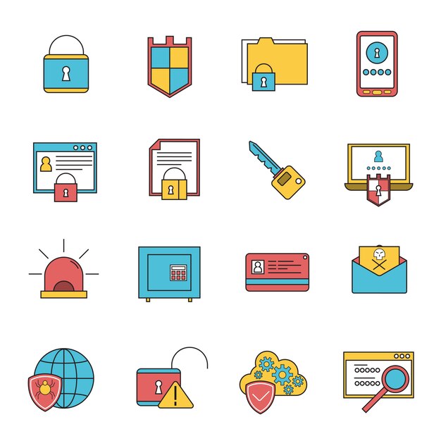 Línea de conjunto de iconos de seguridad informática