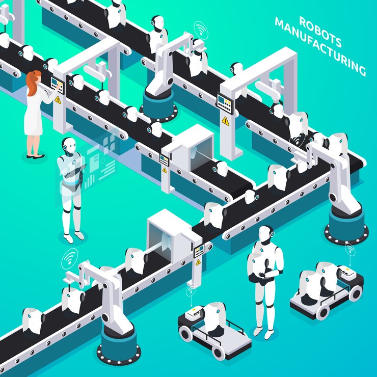 Vector gratuito línea de fabricación automatizada de robots domésticos con operadores mujer y humanoides que controlan la composición isométrica del proceso