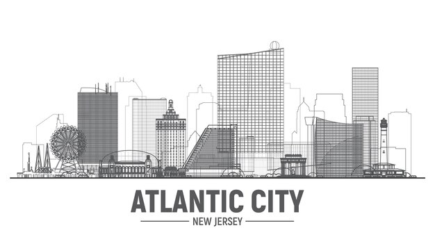 Línea del horizonte de Atlantic City New Jersey un fondo blanco Ilustración de vector plano Concepto de turismo y viajes de negocios con edificios modernos Imagen para banner o sitio web