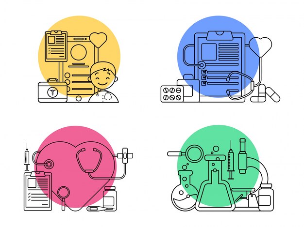 Línea plana ilustración de arte de diferentes elementos y máquinas para la salud y concepto médico.