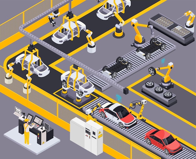 Línea de producción de vehículos eléctricos, ensamblaje robótico a control remoto y pintura, elemento del sistema transportador, ilustración isométrica