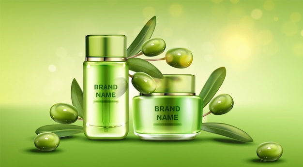 Línea de productos de belleza natural de botellas de cosméticos de oliva