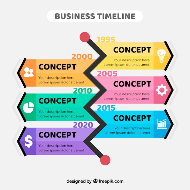 Línea temporal de negocios colorida con diseño plano