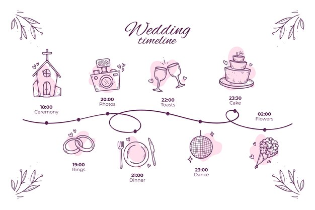 Línea de tiempo de boda de estilo de dibujos animados dibujados a mano