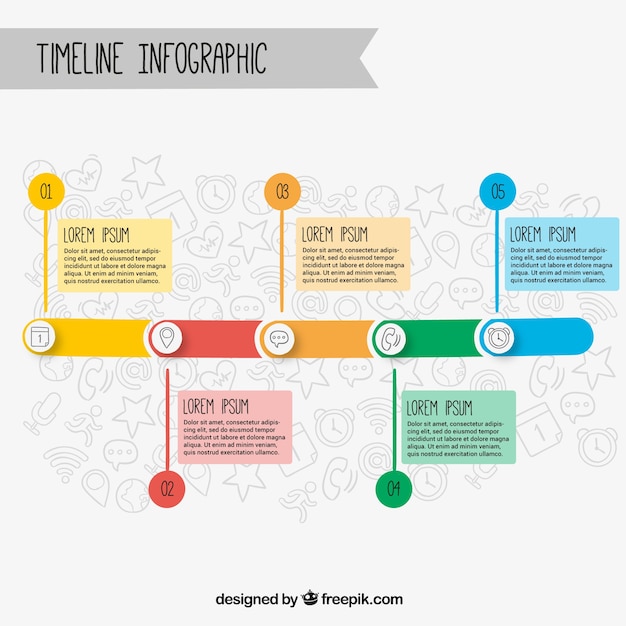 Línea de tiempo infográfica con cinco opciones y elementos dibujados a mano