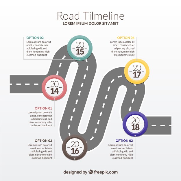 Línea de tiempo infográfica con concepto de carretera