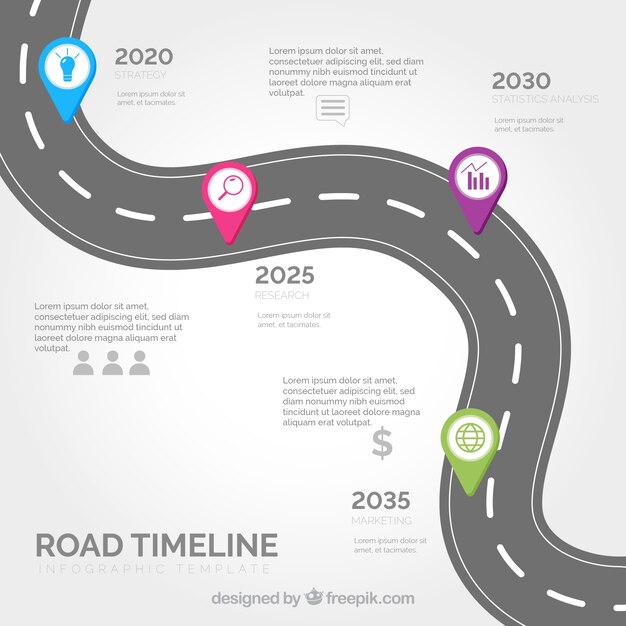 Línea de tiempo infográfica con concepto de carretera