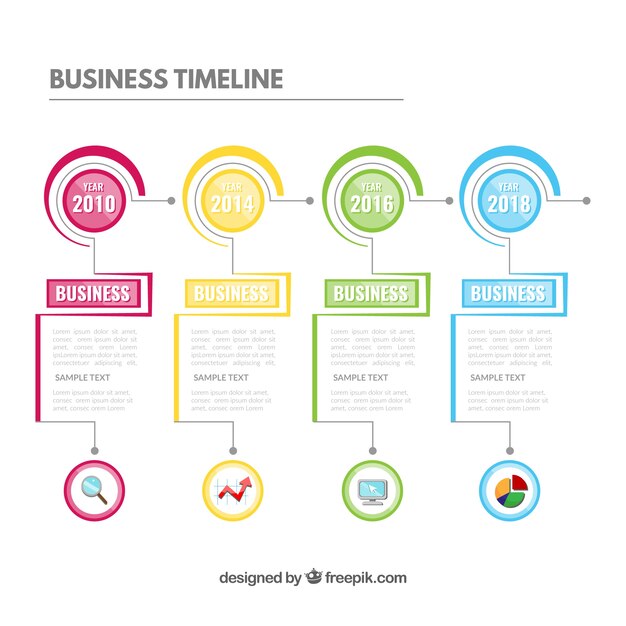 Línea de tiempo de negocios colorida con diseño plano