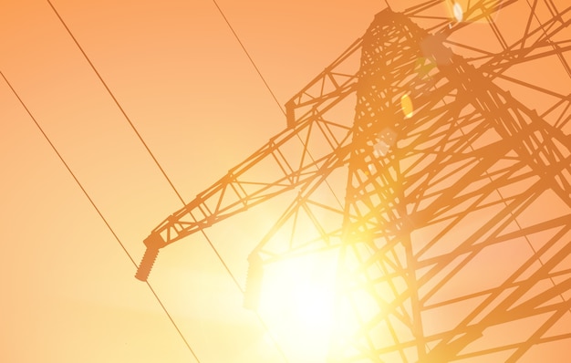 Línea de transmisión eléctrica en el fondo del atardecer.