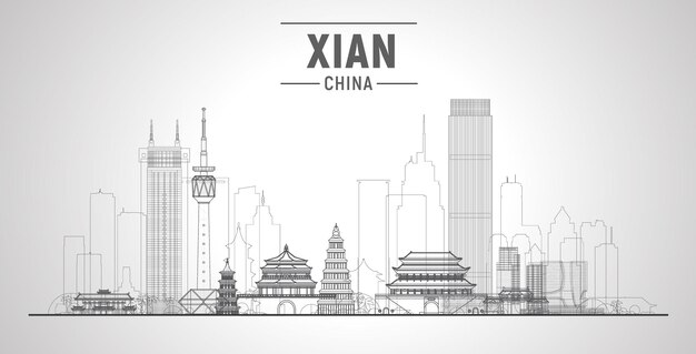Línea Xian Skyline China Ilustración vectorial Concepto de turismo y viajes de negocios con edificios modernos Imagen para el sitio web de banner de presentación
