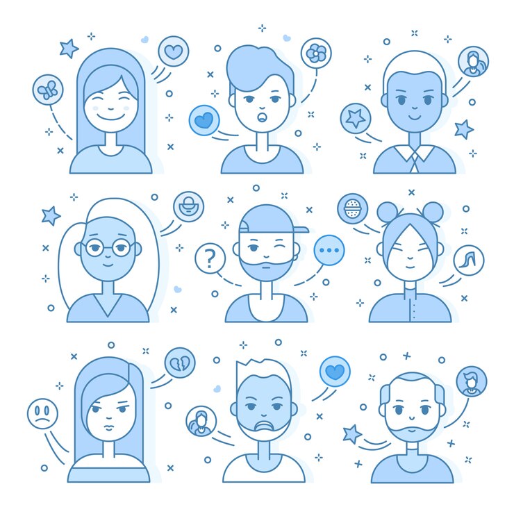 Vector gratuito linear personas planas caras ilustración. social media avatar, foto de usuario y perfiles.