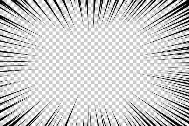 Líneas radiales de explosión de destello en cómic o estilo manga aisladas sobre fondo transparente Explosión de tiras de luz negra