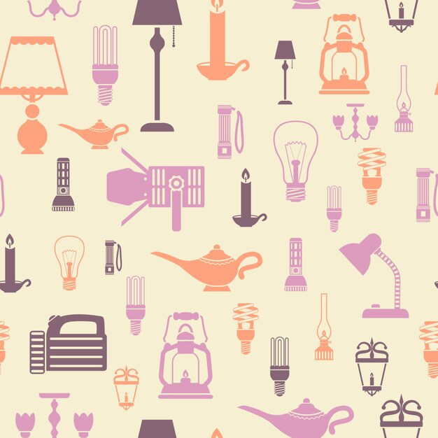 Linterna y lámparas de bombillas eléctricas ilustración vectorial de patrones sin fisuras