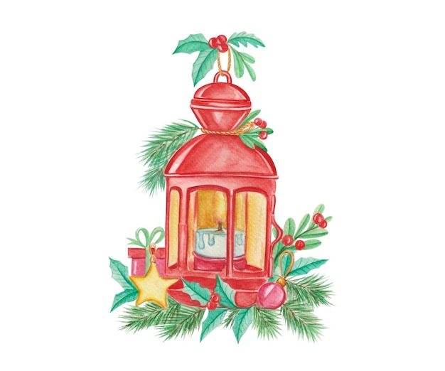 Linterna de navidad acuarela dibujada a mano con vela