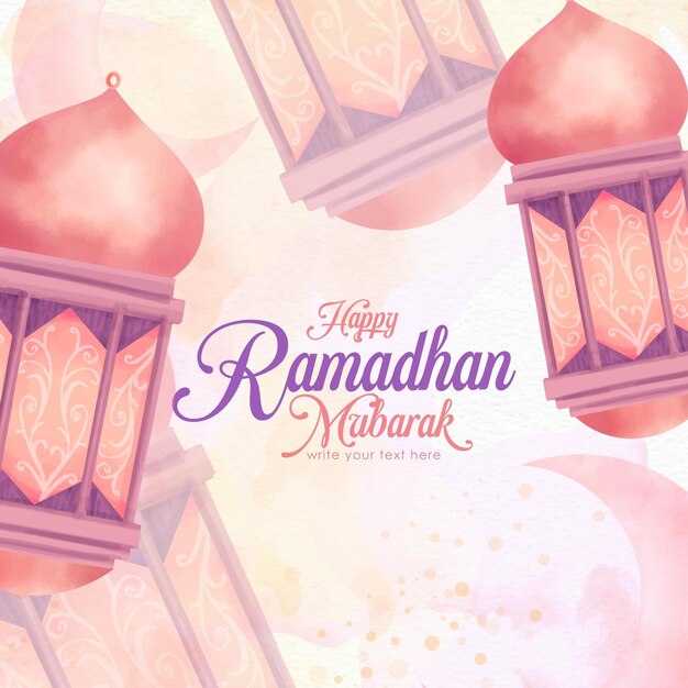 Linterna roja árabe de la tarjeta de felicitación Ramadán Mubarak