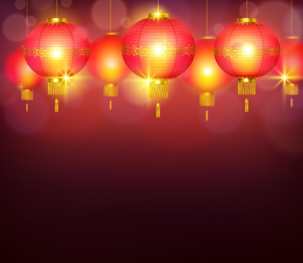 Linternas chinas ardiendo con luz brillante e iluminando un fondo rojo.