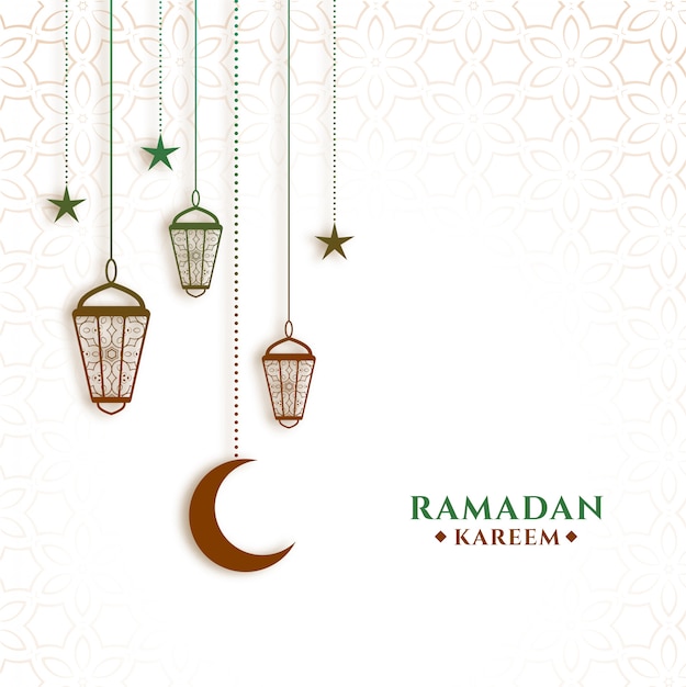 Vector gratuito linternas colgantes y fondo de luna ramadan kareem