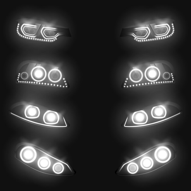 Linternas delanteras y traseras del coche que brillan intensamente blancas en el conjunto realista de la oscuridad aislado en fondo negro.