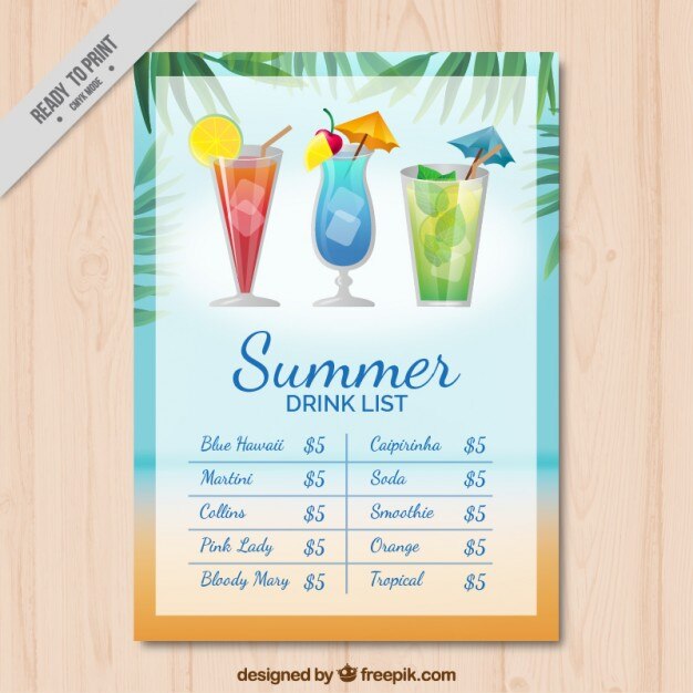 Lista de bebidas con hojas de palmera
