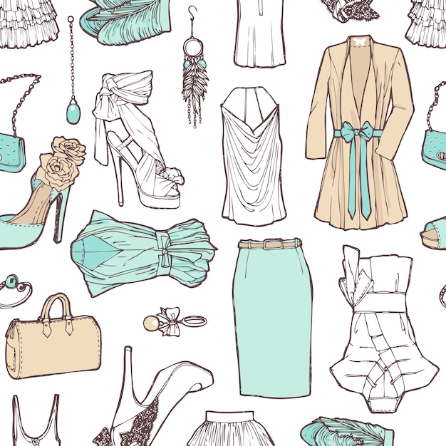 Lista de compras en imágenes. patrón de ropa de mujer en un estilo romántico para el trabajo y el descanso. modelo de moda.