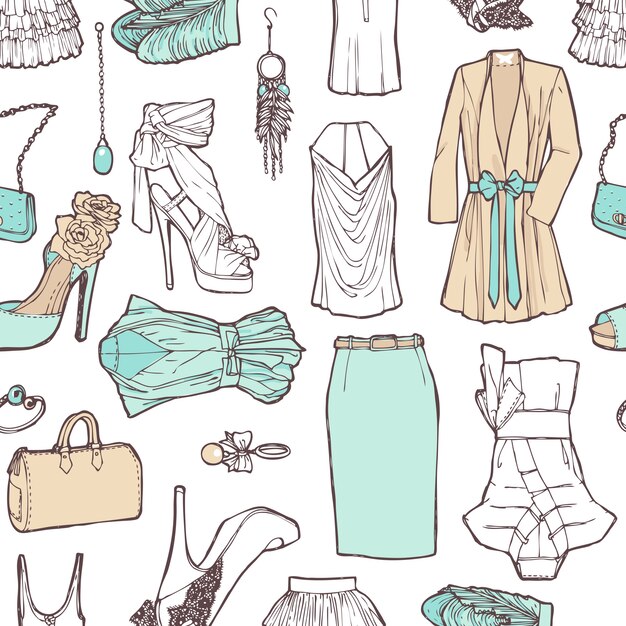Lista de compras en imágenes. Patrón de ropa de mujer en un estilo romántico para el trabajo y el descanso. Modelo de moda.