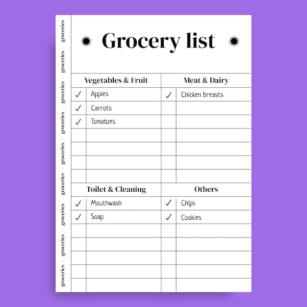 Lista de compras organizada en cuadrícula