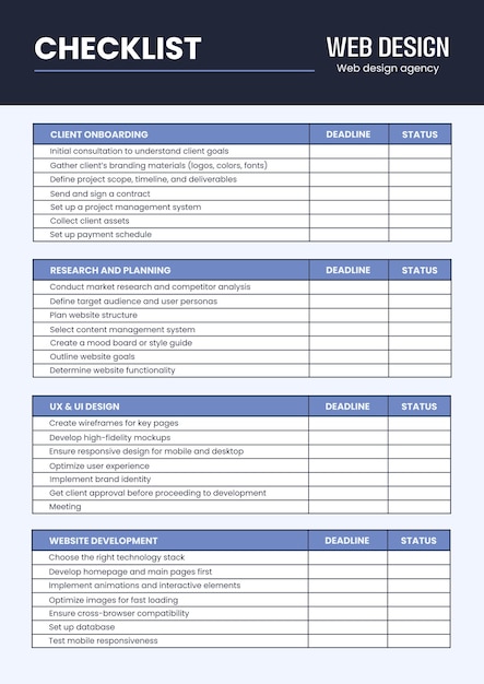Lista de comprobación de diseño web lineal profesional