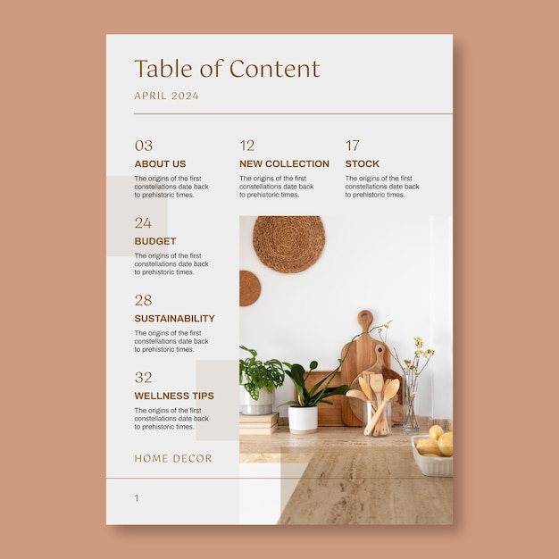 Vector gratuito lista de contenidos de la revista de diseño de interiores estético minimalista