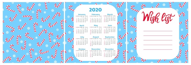 Lista de deseos. calendario de pared para 2020. patrón sin fisuras de copo de nieve y piruleta. fondo de navidad