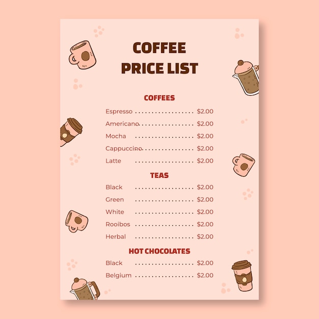 Vector gratuito lista de precios de café dibujada a mano