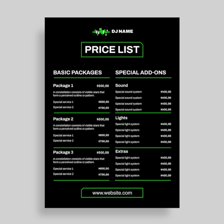 Vector gratuito lista de precios de dj profesional