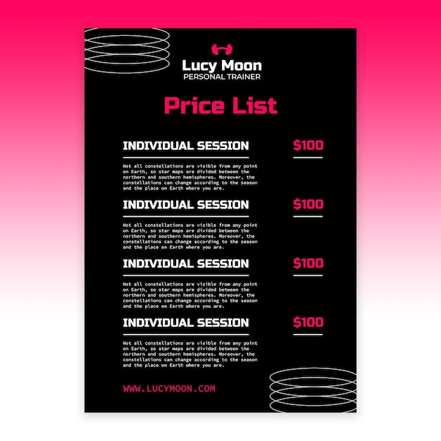 Vector gratuito lista de precios del entrenador personal lucy moon futurista