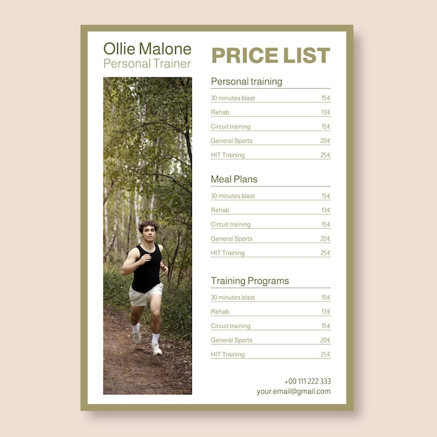 Vector gratuito lista de precios de entrenador personal profesional ollie malone