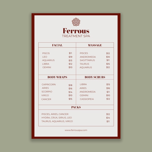 Lista de precios de spa de tratamiento monocolor