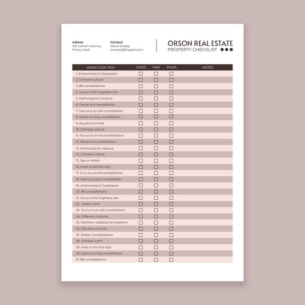 Lista de verificación de bienes raíces del centro de propiedades minimalistas