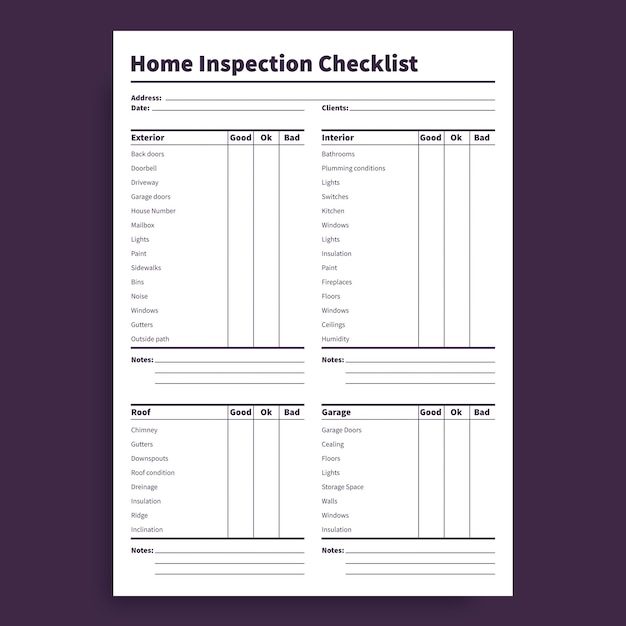 Vector gratuito lista de verificación de inspección de vivienda simple para bienes raíces