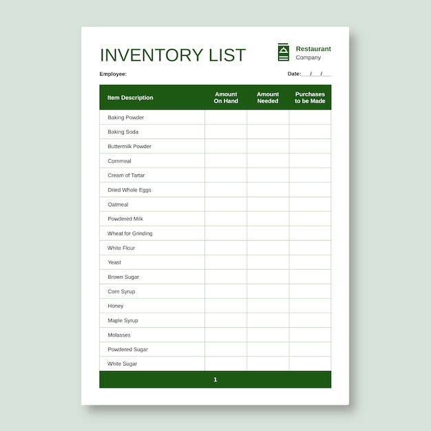Lista de verificación de inventario de restaurante profesional