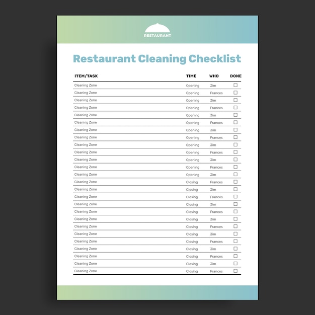Lista de verificación de limpieza de restaurante simple en degradado