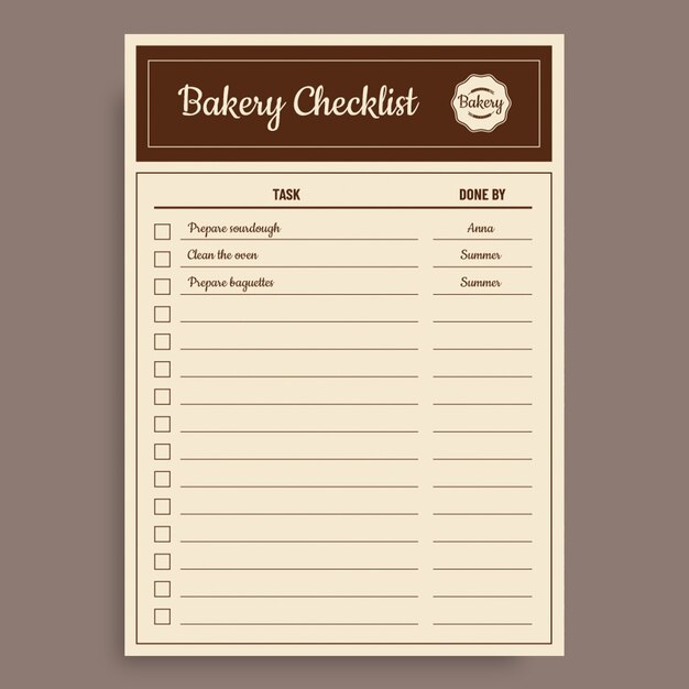 Lista de verificación de panadería de etiqueta marrón ornamental